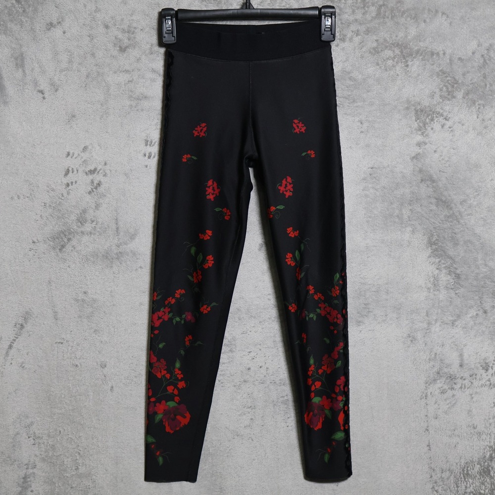 Ultracor Legging Womens XXS Black Red Floral Laser Cut Athletic Stretch Yoga
